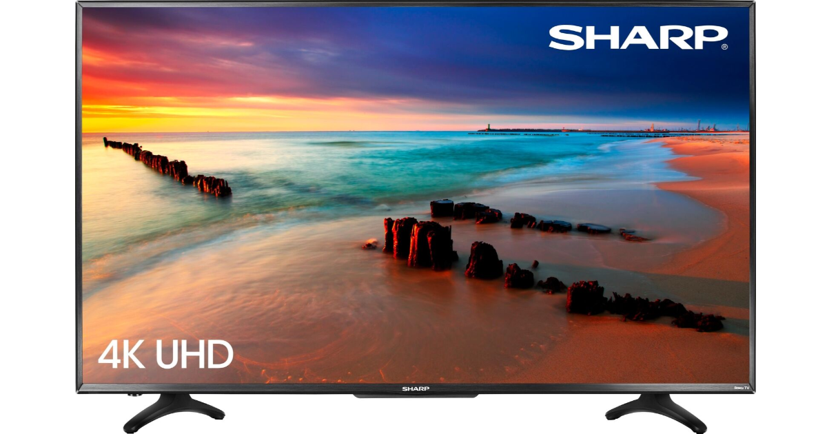 Sharp 50″ LED 2160p Smart 4K TV w/ Roku TV with beach scene