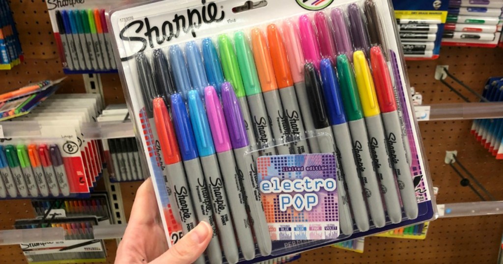 hand holding a pack of Sharpie Electro Pop Markers