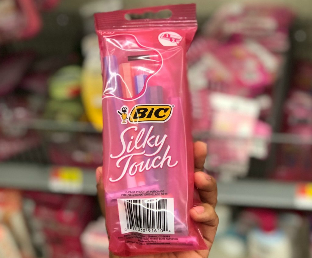 Pink package of Silky Touch BIC razors for women in store