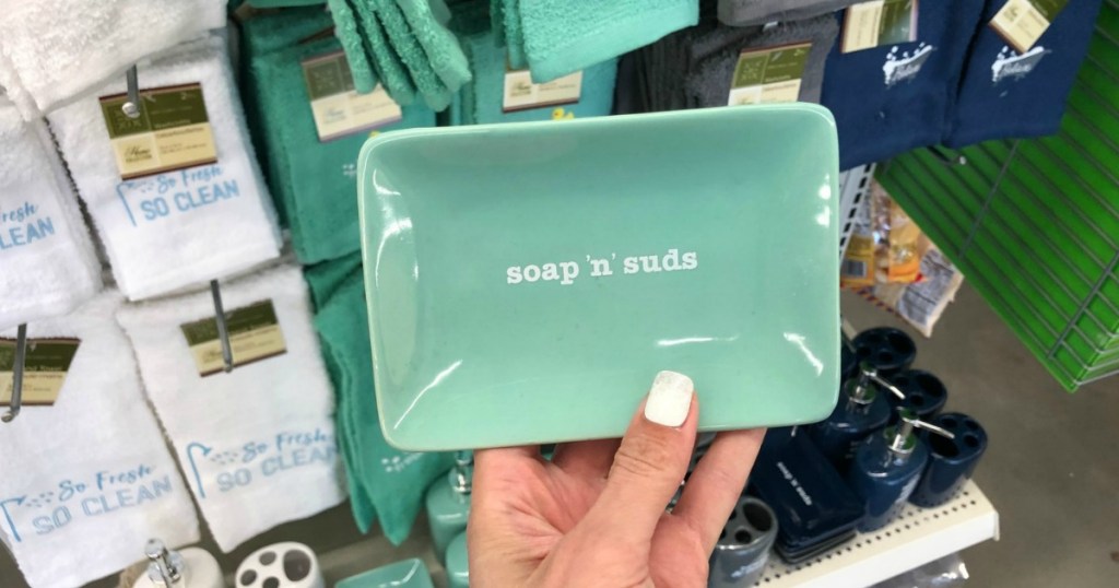 Mint Green soap dish that says "soap 'n' suds"