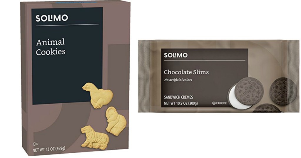 box of Solimo Animal Crackers and package of Chocolate Slims