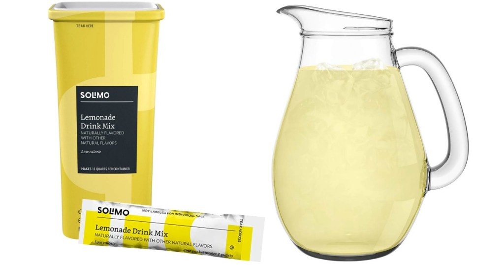 Lemonade drink mix container and pitcher filled with lemonade