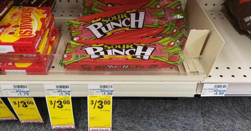 sour punch candy trays on shelf at cvs