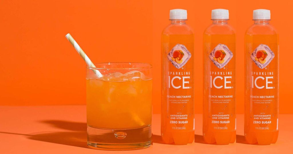 three bottles of Sparkling Ice Peach Nectarine Sparkling Water with glass full of beverage
