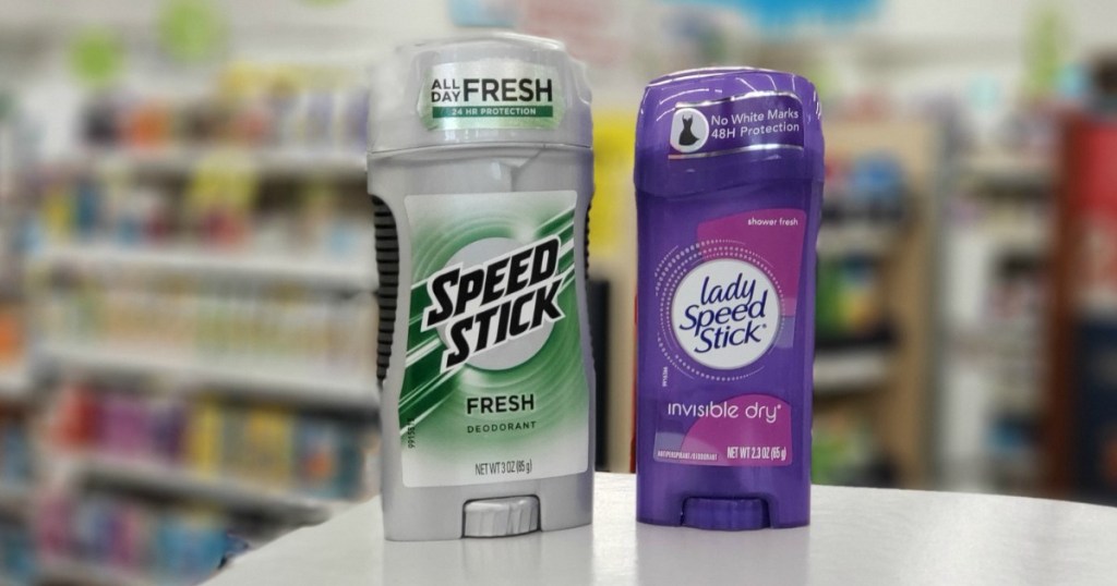 Speed Stick deodorants on counter at a store