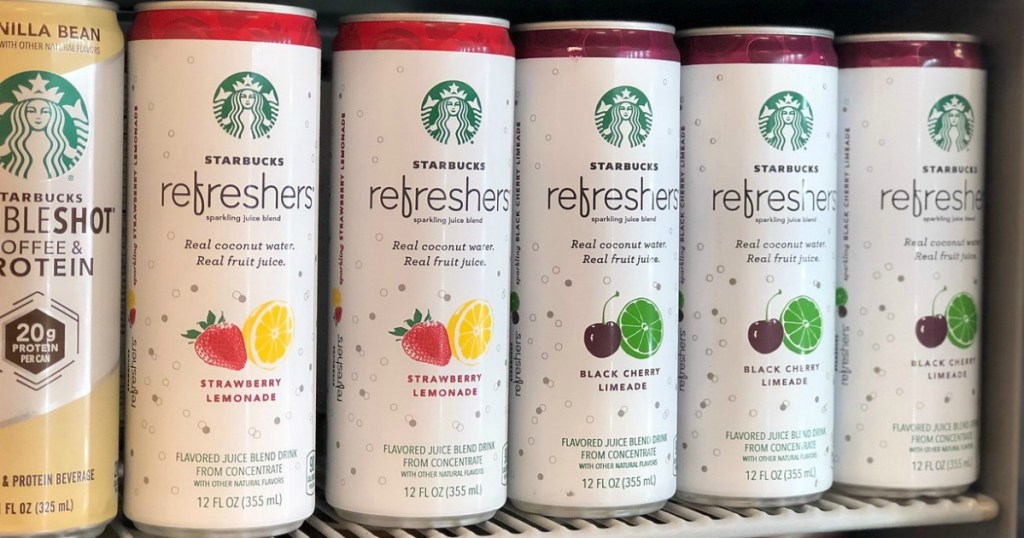 Starbucks Refreshers Sparkling Juice Blends Strawberry Lemonade next to other Starbucks beverages