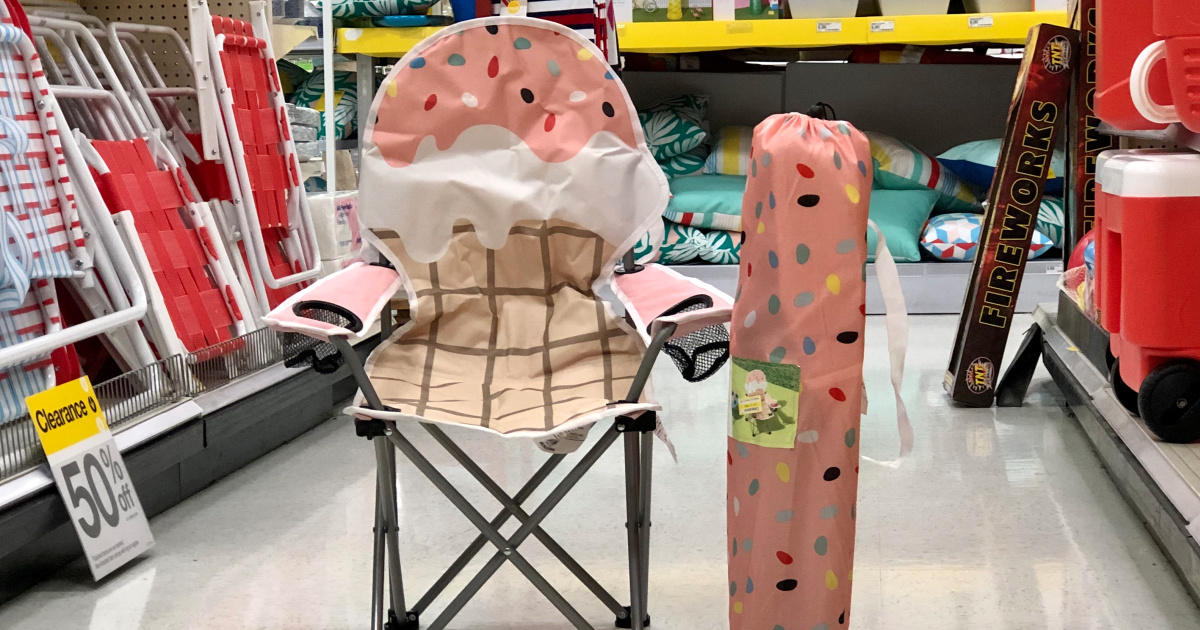 ice cream themed kids folding camp chair set up in store aisle