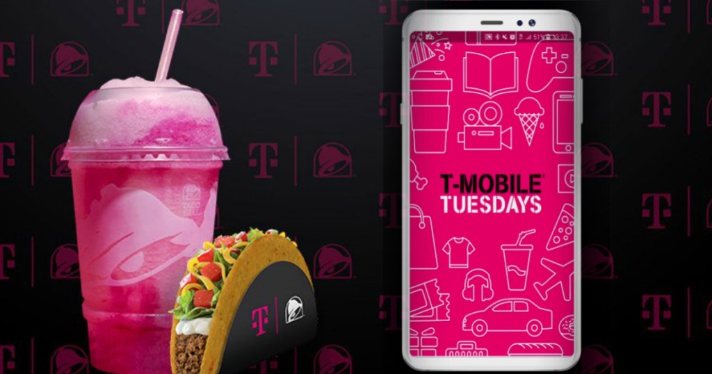 pink frozen drink and hard shell taco next to phone with t-mobile tuesdays on screen