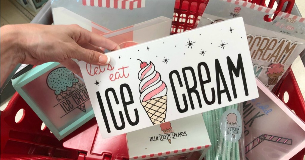 Ice cream sign with a basket of ice cream party supplies