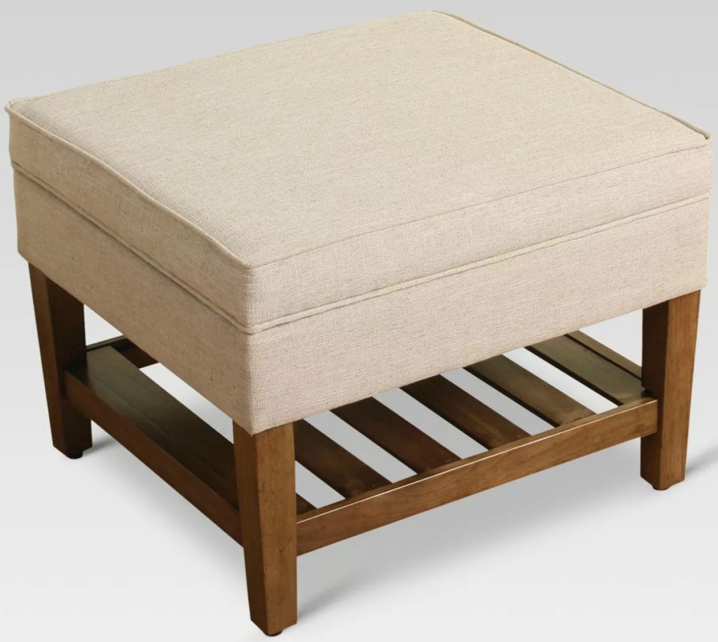 Taupe colored Storage Ottoman with wooden base