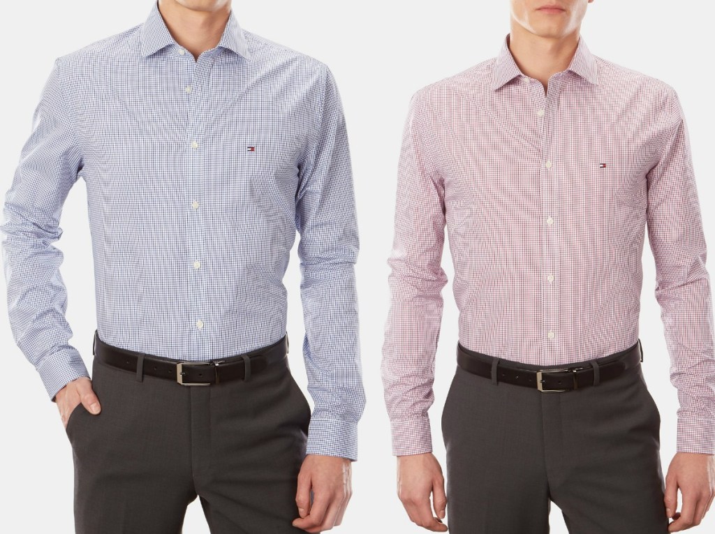 Two men wearing checkered dress shirts from Macy's 