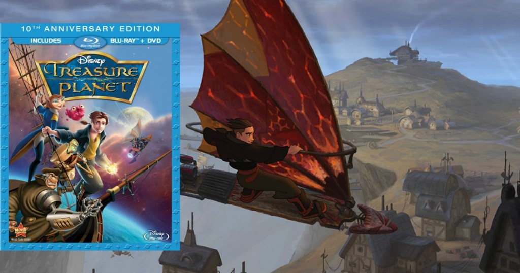Scene from Disney's Treasure Planet movie of main character on flying ship with Blu-ray and DVD