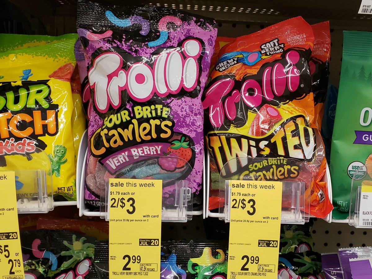 bags of candy on a Walgreens store shelf
