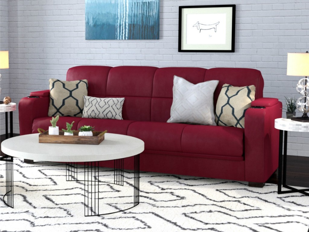 Red Tyler Futon Sofa in living room setting 