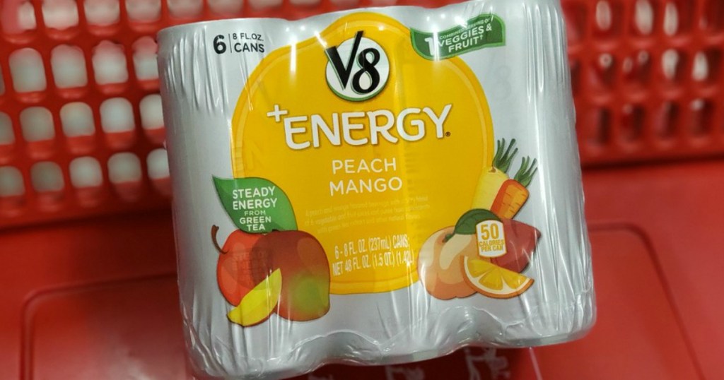 V8 +Energy Peach Mango in a shopping cart