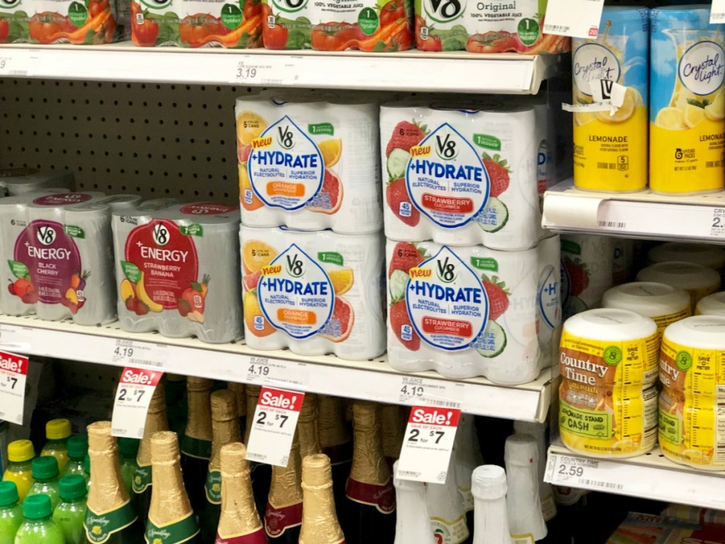 V8+Hydrate 6-packs on shelf at Target