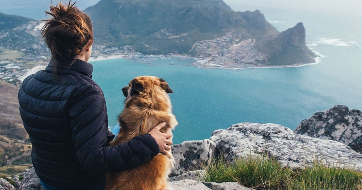 Woman holding dog on clift with ocean Wag Wet Dog Food