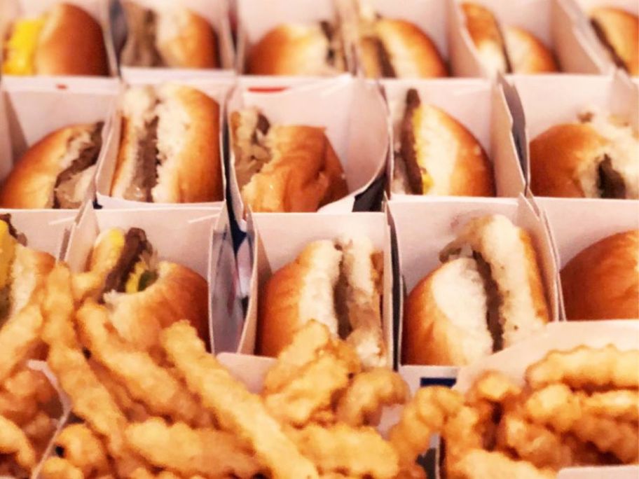 multiple white castle burgers with fries