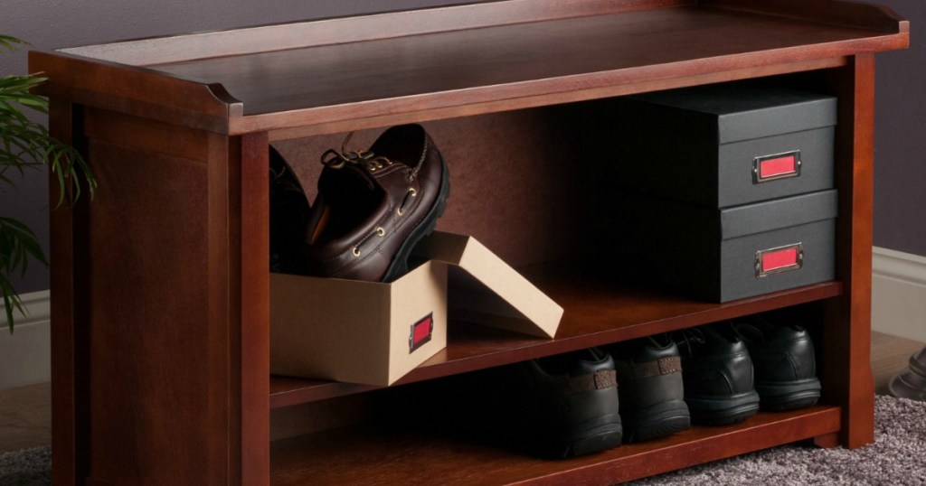 Winsome Wood Milan Storage Hall Bench with shoe box and shoes on shelves