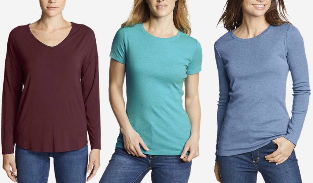 Three women wearing a variety of colors of Eddie Bauer apparel