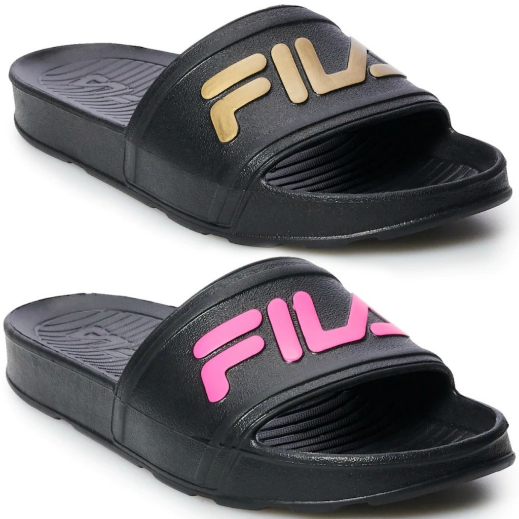Women's FILA brand slide-style sandals for women in gold and rose