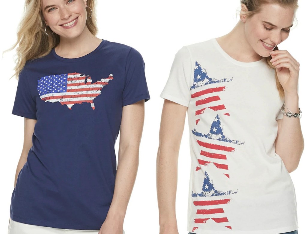 Two women wearing patriotic graphic tees from Kohl's