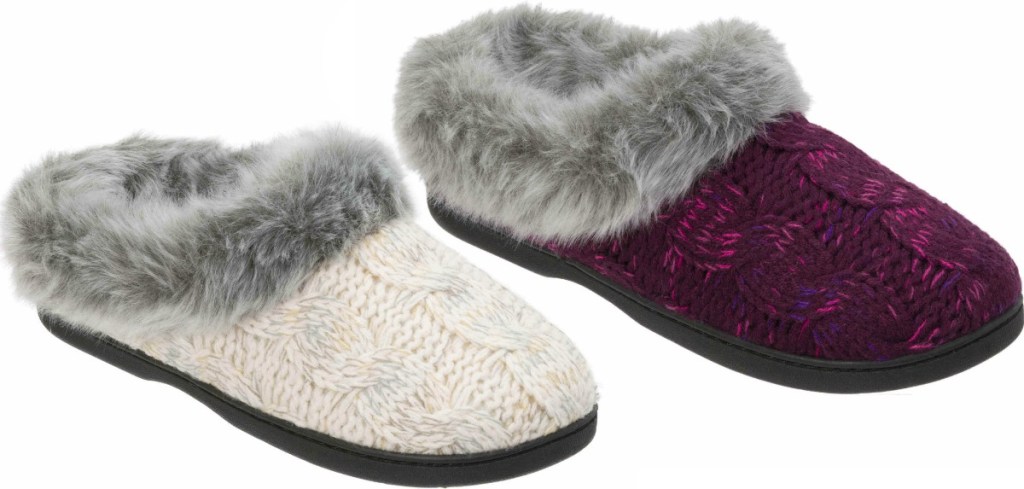 Women's clog-style slippers in burgundy and ivory with fur trim
