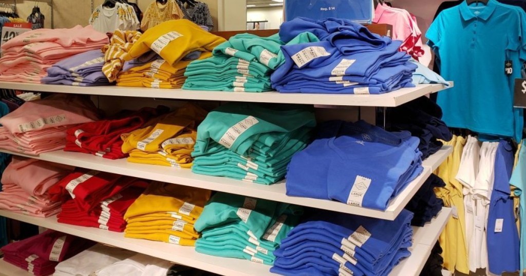 womens v-neck t-shirts on shelf at store