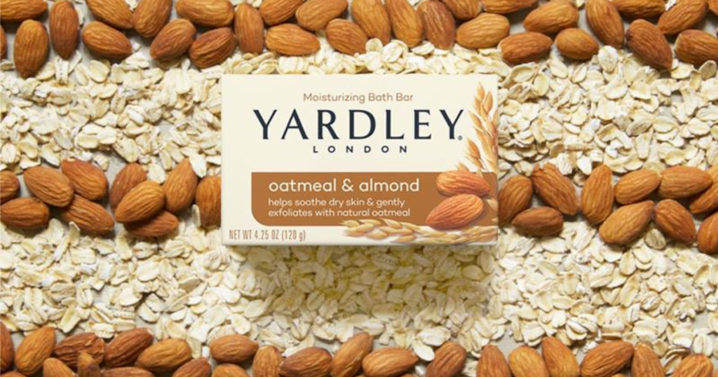 Yardley Oatmeal & Almond laying on oatmeal and almonds