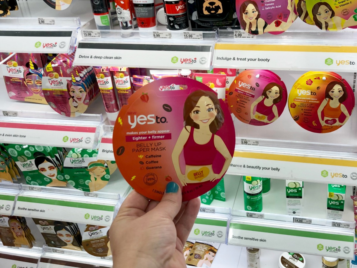 Yes to Belly Masks being held in hand in front of store shelf at Target