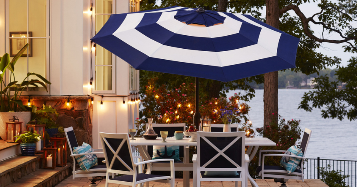allen roth red wheat stripe market 9-ft patio umbrella Outdoor 9' Made from fade allen + roth 9-ft Aluminum
