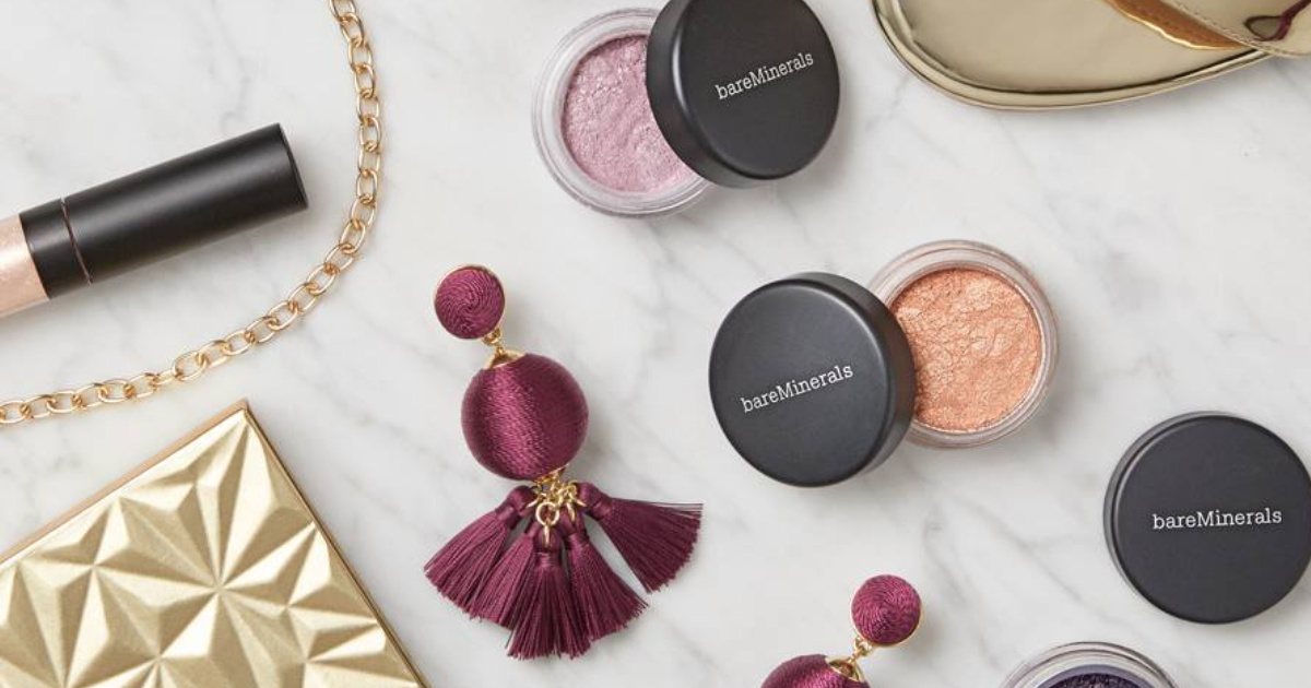 bareminerals eyeshadow laying on the counter with other beauty items
