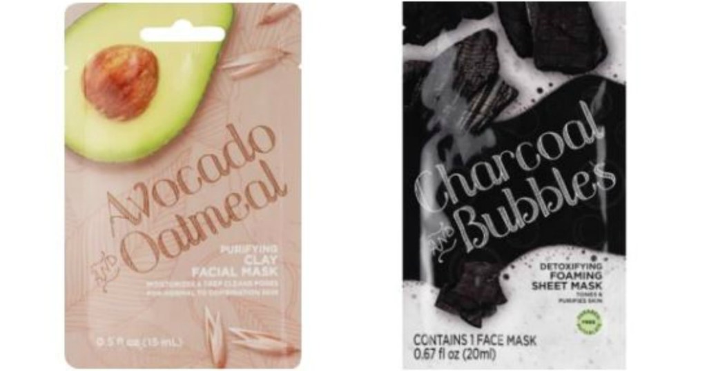 beauty packets with cleaning facial masks on white background