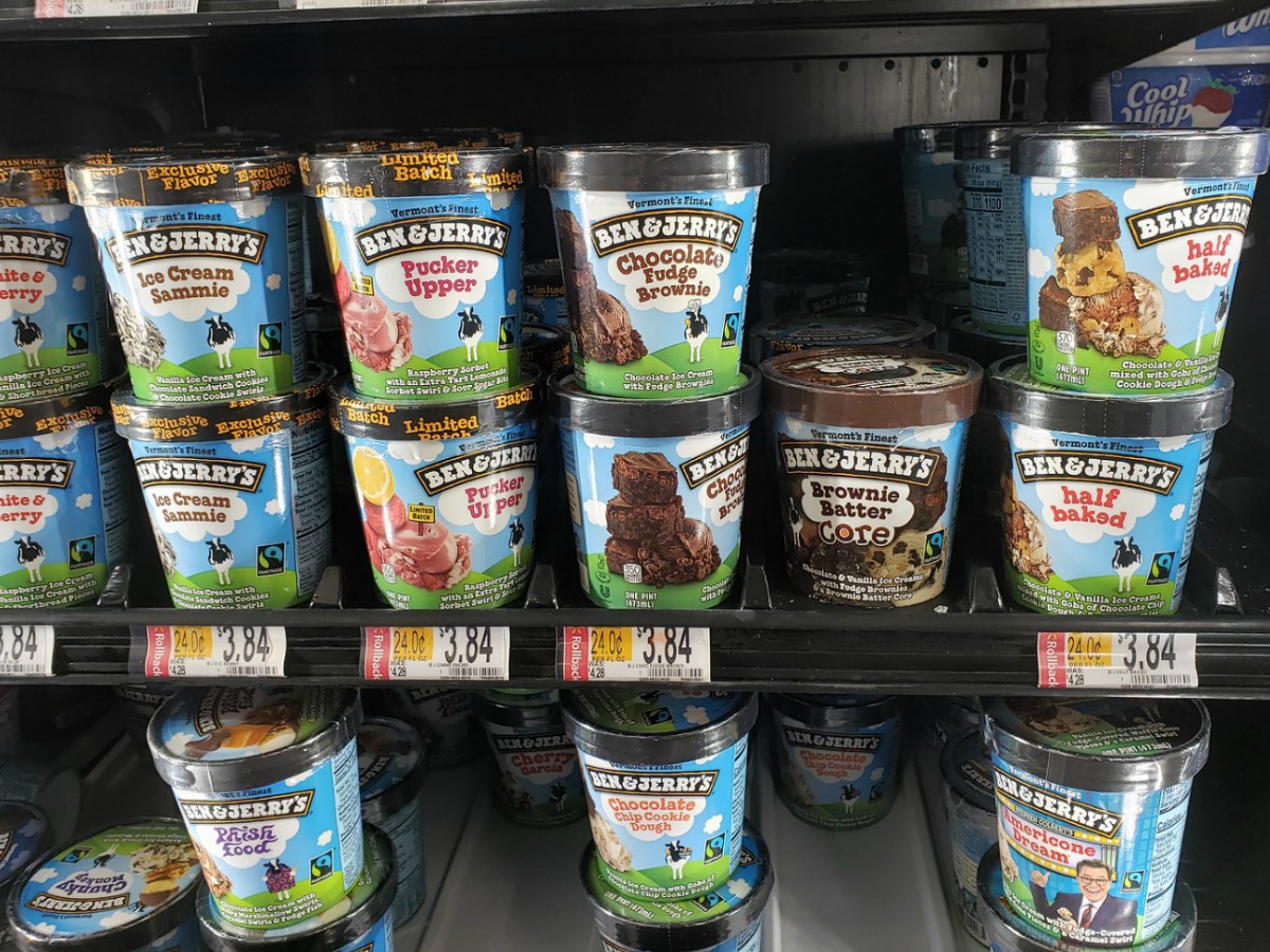 store freezer stocked with Ben & Jerry's ice cream pints