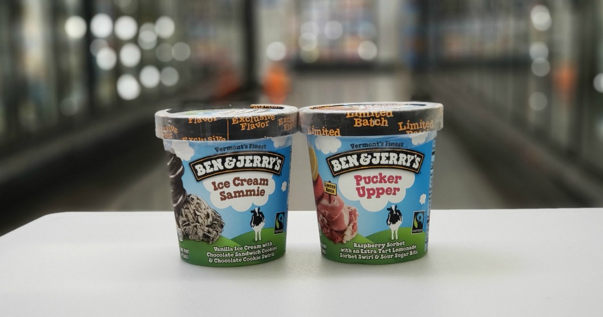 two ben & jerry's ice cream pints with blurred background