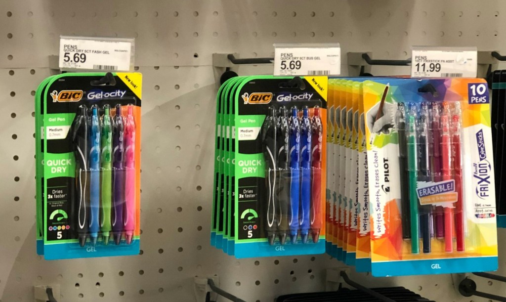 packs of BIC gel pens hanging on a Target store display
