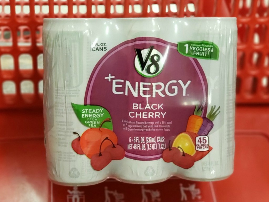 pack of v8 cans in shopping cart
