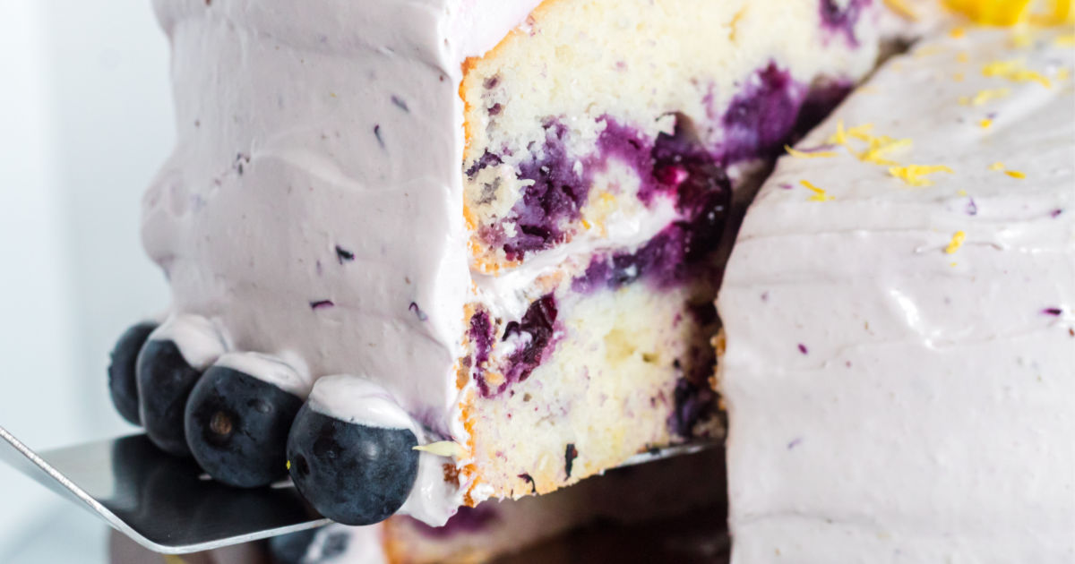 Closeup of a slice of lemon blueberry cake
