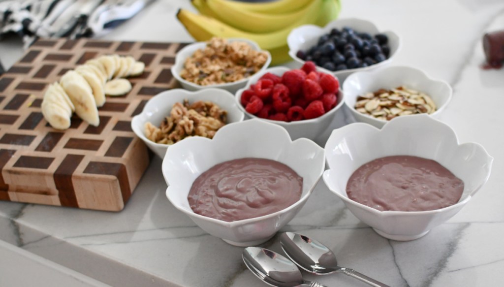 bowls with acai ready for toppings