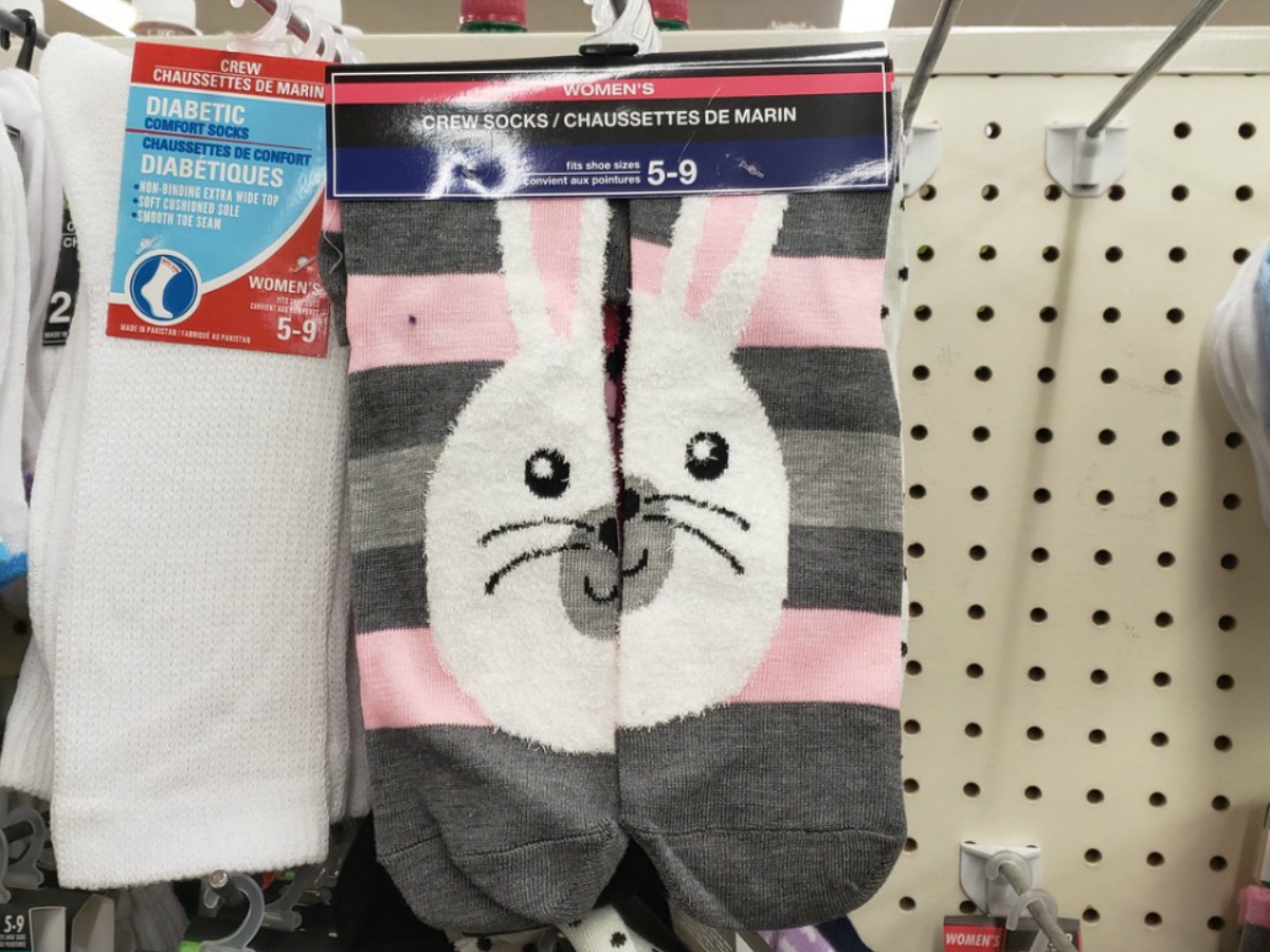 socks hanging in store with bunny face