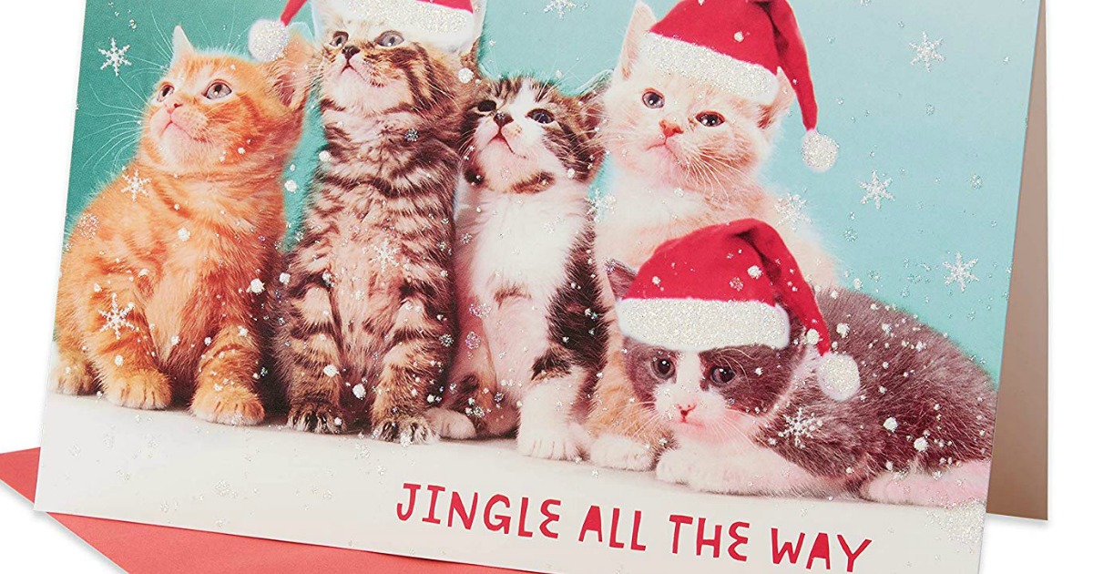 Jingle all the way, Christmas card with kittens in Santa hats