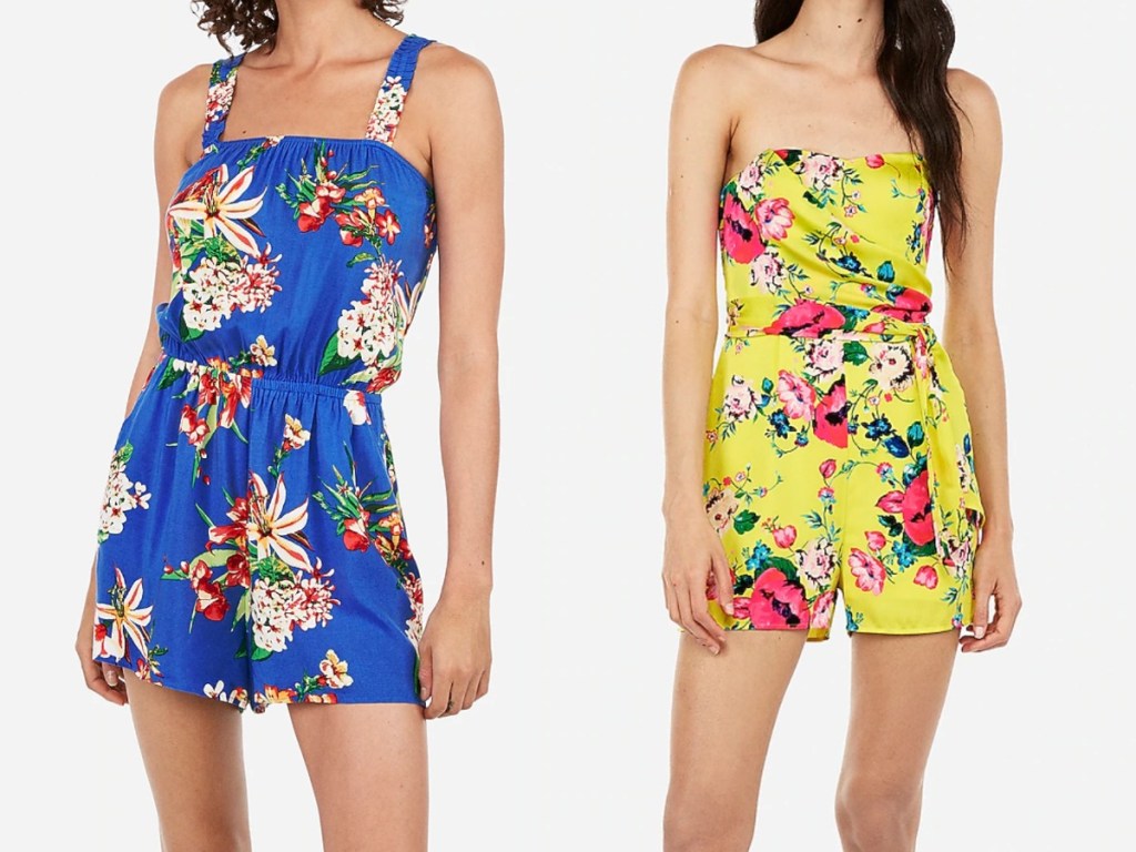 women modeling blue and yellow floral rompers