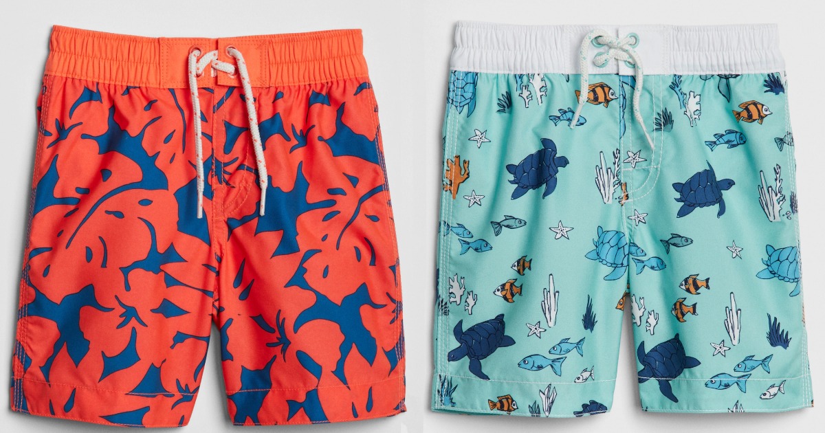 boys orange and blue swim trunks