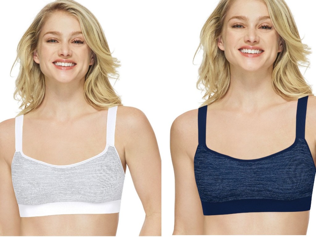 woman modeling grey and blue bras