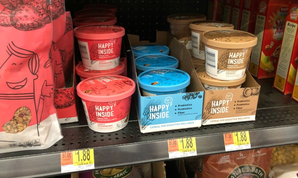 cups of Happy Inside cereal on a Walmart store shelf