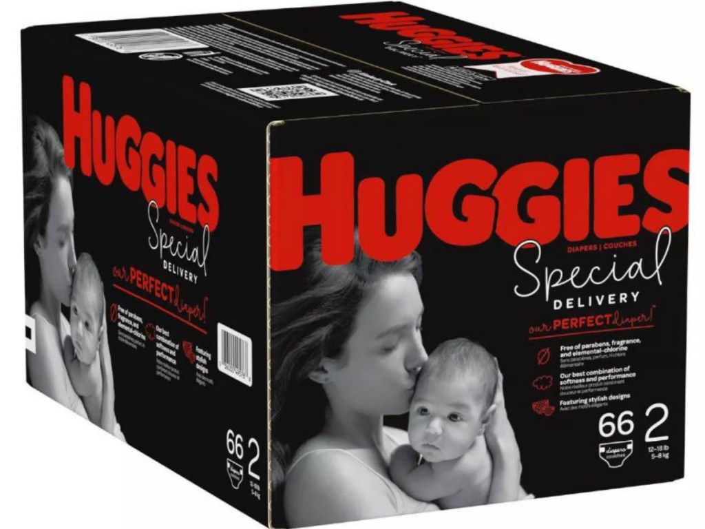 big box of huggies diapers in black box
