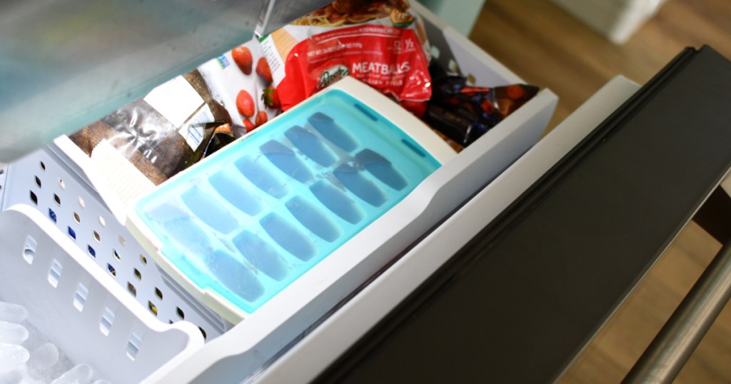 ice cube tray in the freezer with smoothie