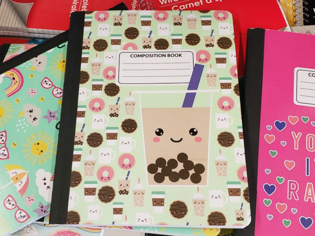 composition book decorated iwth coffee pictures in store