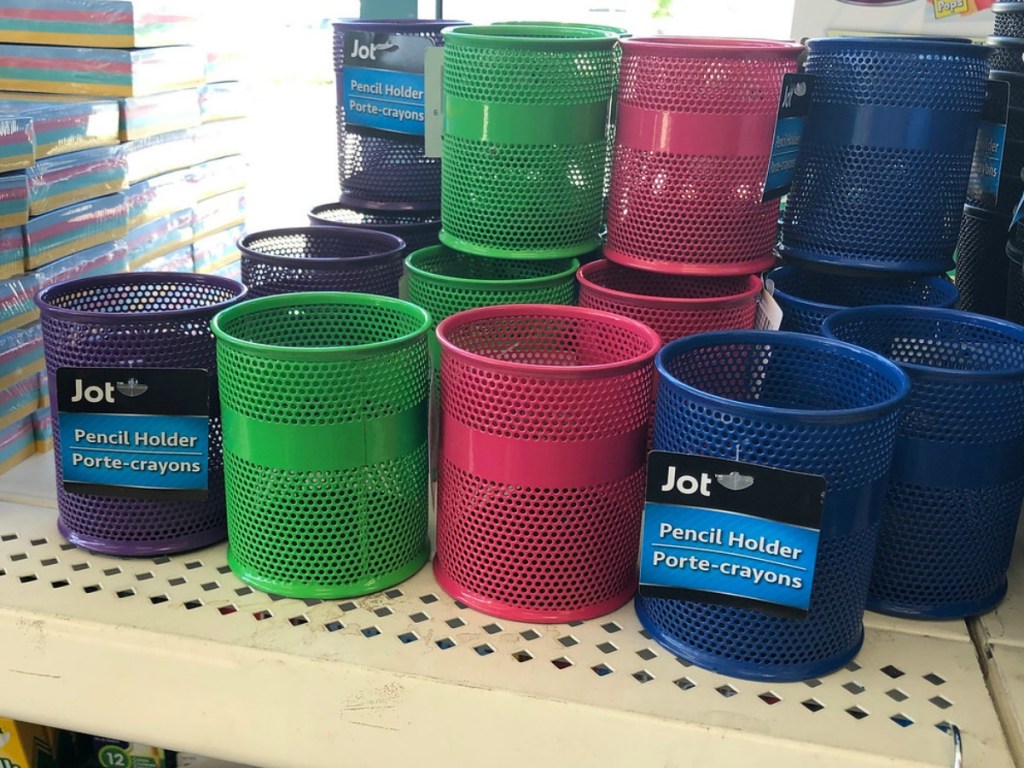 colorful pencil holders on store shelf
