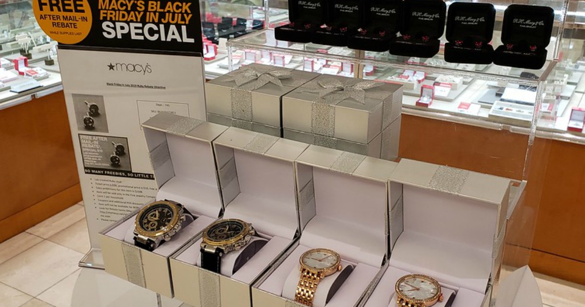 row of watches in boxes at macy's